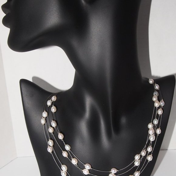 Genuine Fresh-Water Pearls 5 Strands on 16 Inch Silver Necklace. - Picture 2 of 4